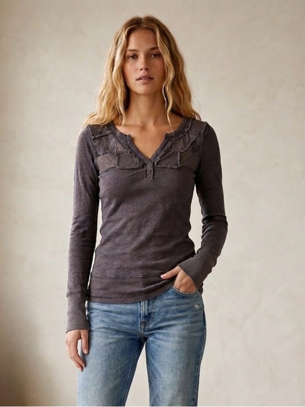 Free People Gray Henley Patchwork  Top